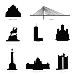 belgrade most famous buildings and statue silhouette - obrazy, fototapety, plakaty