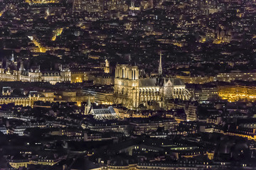 Aerial view of Notre-Dame Cathedral in Paris at night
