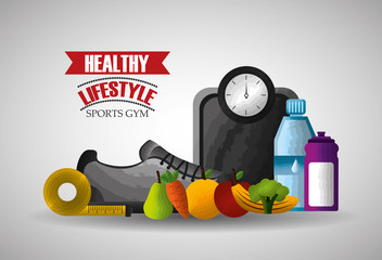 healthy lifestyle sports gym food and equipment vector illustration