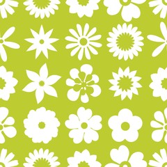 Seamless floral pattern. Repeated flowers and round spots. Vector illustration. green, white color. graphic design for paper, textile print, page fill.