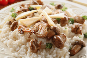 Tasty risotto with mushrooms on plate, closeup