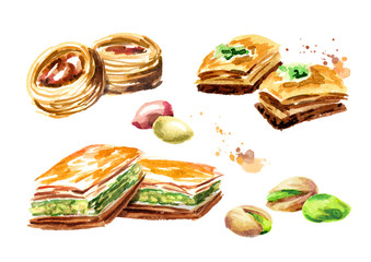 Baklava and nuts set. Watercolor hand drawn illustration, isolated on white background