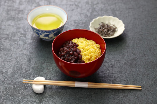 awa zenzai,  sweet adzuki red bean paste with boiled proso millet, japanese traditional dessert