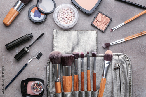 Decorative Cosmetics And Brushes Of Professional Makeup Artist On