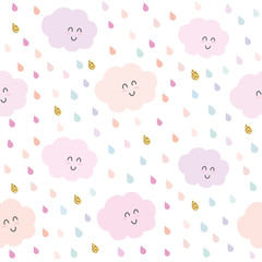 Kawaii clouds and drops seamless pattern background in pastel pink and glitter. Cute cartoon characters.