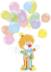 Friendly smiling circus clown with colorful holiday balloons, a  vector illustration in a cartoon style