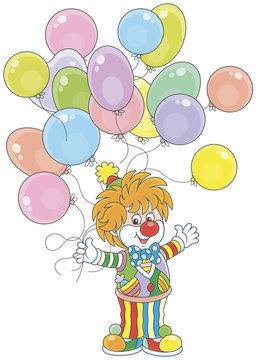 Friendly smiling circus clown with colorful holiday balloons