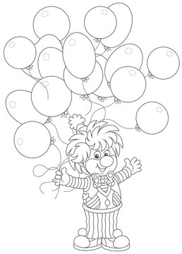 Friendly smiling circus clown with holiday balloons, a black and white vector illustration in a cartoon style for a coloring book