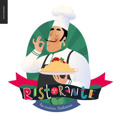 Italian restaurant set - italian restaurant logo with a cook enjoing the pasta smell and lettering Restaurant in Italian, cartoon character