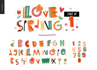 Kids flat alphabet set - Love spring latin font - letters and digits