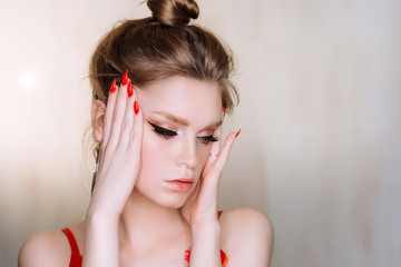 Fototapeta premium Beautiful Young Woman with Clean Fresh Skin look away.Girl beauty face care. Cosmetology, beauty and spa 