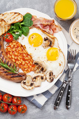 English breakfast. Fried eggs, sausages, bacon