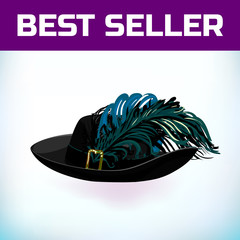 Headdress musketeer France or pirate old hat with feather, made of felt or leather with an iron buckle. Vector illustration. Hat for a masquerade, or historical attribute of a costume.