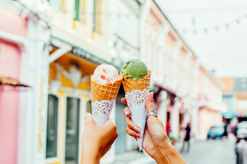 Ice cream over blurred street background