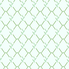 Fototapeta premium Elegant seamless pattern with rhombus and small leaves. Cute pastel soft mint color floral background. Geometric gird vector ornament summer texture.