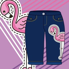 patch flamingo in denim women knee length shorts vector illustration