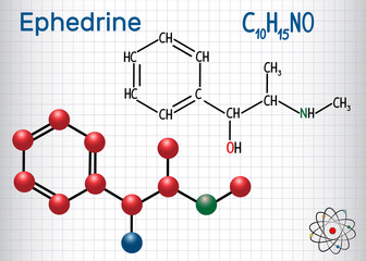Ephedrine (C10H15NO) molecule, is a medication and stimulant. Structural chemical formula and molecule model. Sheet of paper in a cage