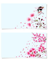 Sakura. Two postcards. A branch of a blossoming cherry spring tree with purple flowers and buds. Silhouette decorated with flowers. illustration