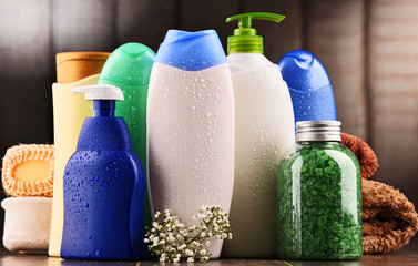 Plastic bottles of body care and beauty products