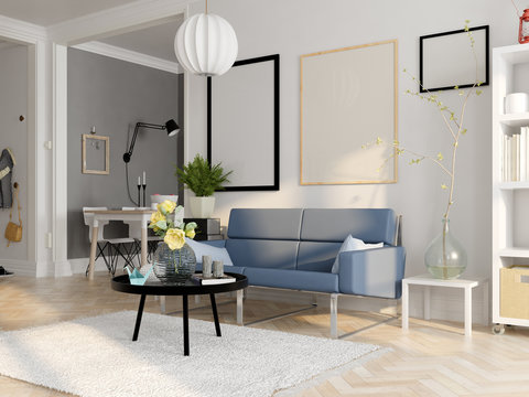 Scandinavian style interior design 3D rendering