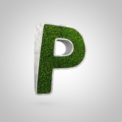 Letter P uppercase. Flowerbed with grass isolated on white background.
