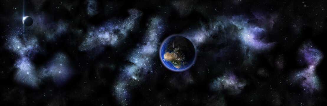 panorama of the cosmic landscape, a planet in the background of the universe
3D rendering