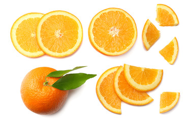 healthy food. sliced orange with green leaf isolated on white background top view