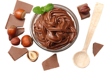 chocolate cream with hazelnut isolated on white background. cream in glass bowl. top view
