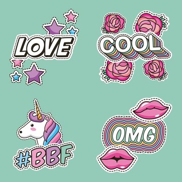 patches fashion set cute unicorn love cool flower lips vector illustration