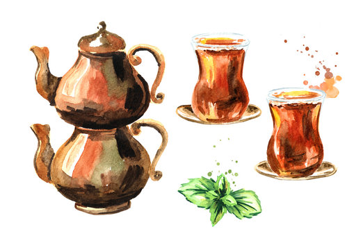 Turkish tea in traditional glass with mint leaves and with copper tea pot set. Watercolor hand drawn illustration, isolated on white background