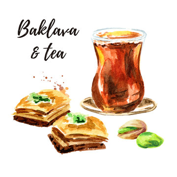 Turkish traditional tea and baklava. Watercolor hand drawn illustration, isolated on white background