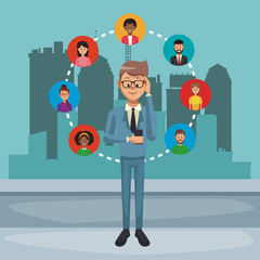 Businessman using smartphone with contacts vector illustration graphic design