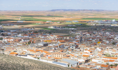 aerial view of Consuegra, Traditional windmills of Castilla La Mancha. Toledo, Spain.windmills that were used to grind the cereal
