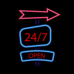 Neon poster 24/7 is open on a black background. Vector illustration .
