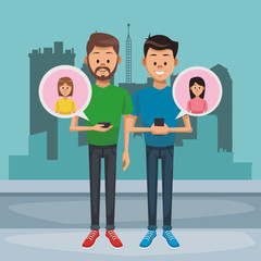 Young mens chatting with girlfriends at city vector illustration graphic design