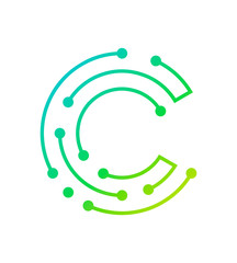 Letter C electronic digital logo icon design template isolated on white background. Vector logotype illustration in tender blue green and yellow colors
