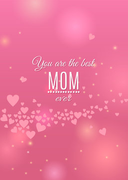 Happy Mother's Day pink greeting card with hearts and sparkles on beautiful light backdrop. Vector holiday love template illustration. Spring background