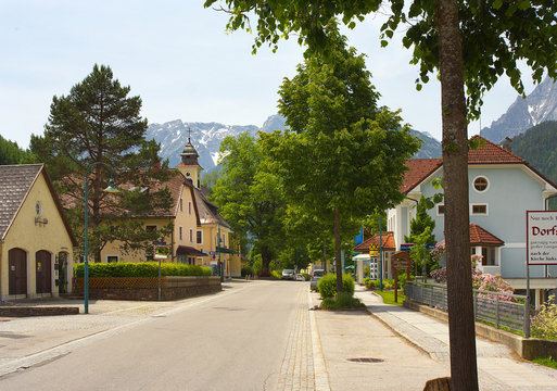 Street in center in town of Hinterstoder, Austria