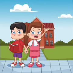 Kids outside school building on sunny day vector illustration graphic design