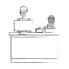 salesman cinema bar counter computer popcorn nacho and sauce vector illustration vector illustration sketch design