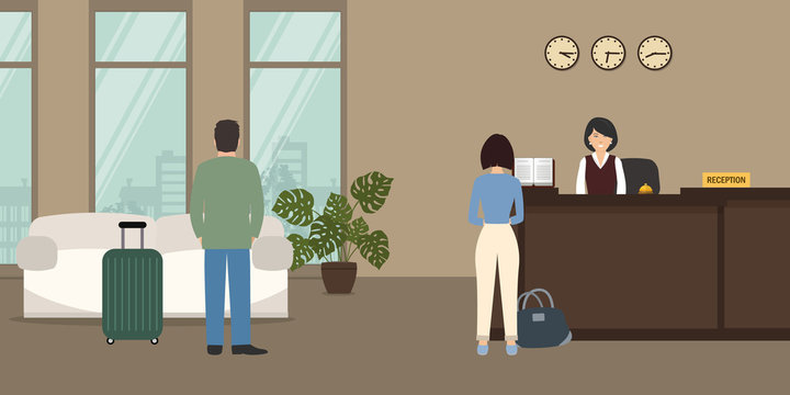 Hotel reception. Young woman receptionist stands at reception desk. There is a sofa on a window background. There are also visitors here. Travel, hospitality, hotel booking concept. Vector image