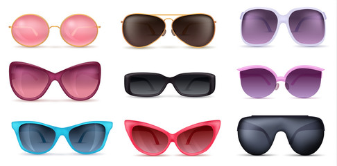 Summer sun protection sunglasses realistic icons set isolated on white. Colorful eyeglasses vector illustration