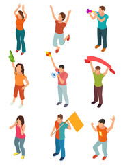 Set of fans supporting a football team isometric isolated on white. Sports fans characters vector illustration