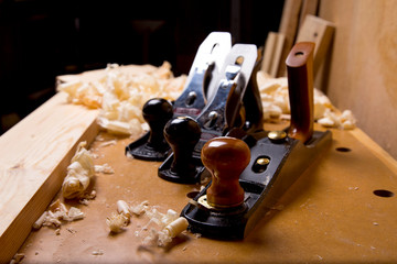carpenter tools in pine wood table