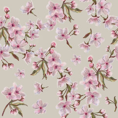 Sakura Pink Wreath Seamless Pattern on Tan Background.
