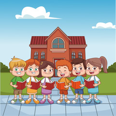 Students kids outside school building vector illustration graphic design