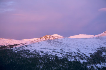 landscape - morning dawn in the mountains of the Northern Urals in the vicinity of Mount Konzhakovskiy Kamen