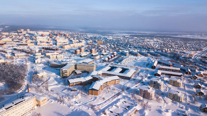 Aerial winter view of Kiruna, the northernmost town in Sweden, province of Lapland, winter sunny...