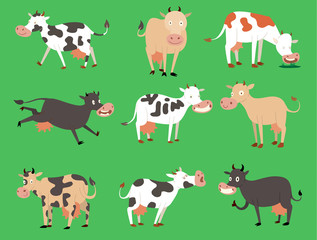Milk vector cow bull with calf buffalo different cows colors dairy farm beef, nature domestic farm animals. Cartoon action set, with cute lovely heifer different in different poses