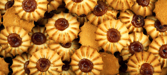 Biscuits with jam. Panorama.